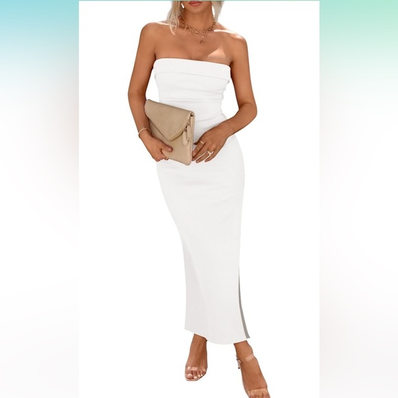 Womens Summer Bodycon Maxi Tube Dress Ribbed Strapless Side Slit long Dresses - Picture 3 of 6